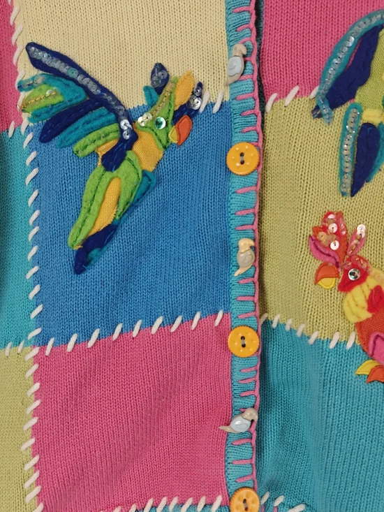 VTG Christina Rotelli Patchwork Bird Cardigan Embroidered Cottagecore M/L - Picture 3 of 13